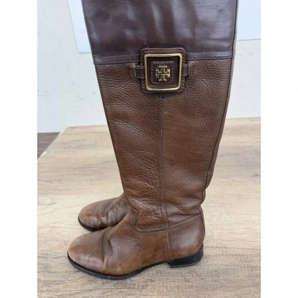 Tory Burch Brown Leather Riding Boots Gold Logo Knee High 8M F 12 55 31128374